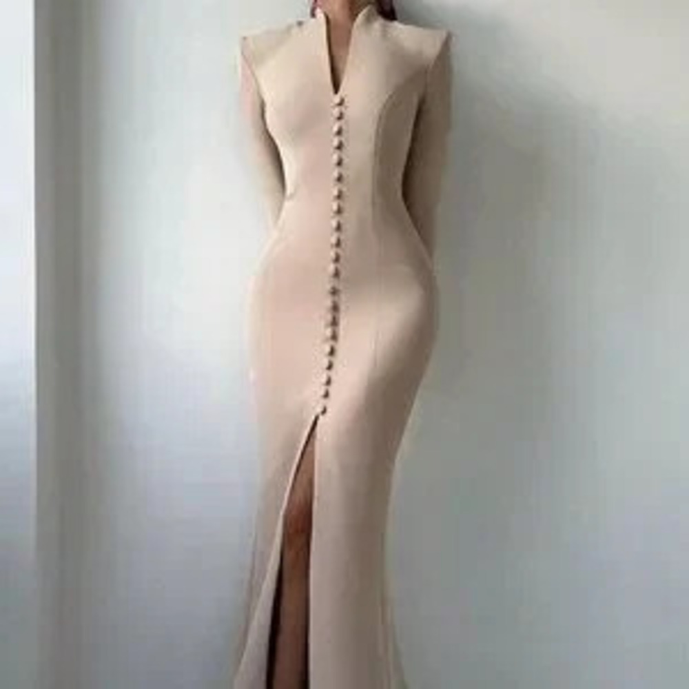 ZARA Khaki Elegant Women's Long Sleeve Formal Dress